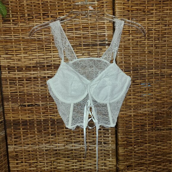 Boho Rock Moto Boho White Sheer Lace Crop Top Corset Underwire Boning SZ L Laced - Picture 1 of 6